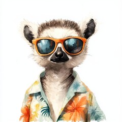 Fototapeta premium Adorable lemur in sunglasses and a Hawaiian shirt with a white background