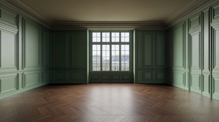 Obraz premium A spacious, empty room with green walls and large windows overlooking a landscape.