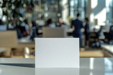 Obraz premium Blank card placed on table in modern office, natural light illum