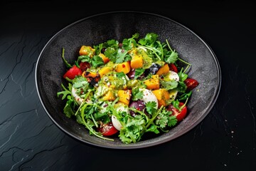 Colorful Caprese salad with roasted mango and cilantro garnish