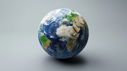 Fototapeta premium Detailed 3D render of planet Earth, showing continents, oceans, and clouds against a neutral background.