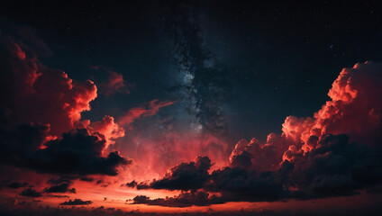 night sky with dark red clouds forming a galaxy shape, creating a cosmic and mysterious atmosphere
