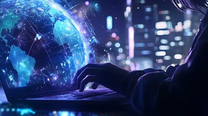 Global Network Data Access On Laptop At Night