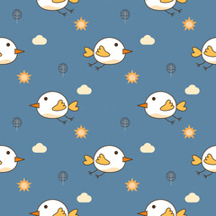 Bird cartoon so cute. On sun cloud tree blue background. Pattern seamless vector illustration. 