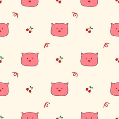 Face pig cartoon so cute. On cherry background. Pattern seamless vector illustration. 