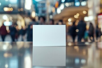 Blank card positioned prominently in busy shopping area, emphasi