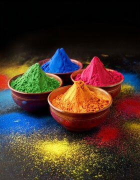 Indian festival happy holi, colorful holi powder or gulal in group of bowls on colourfully splash background
