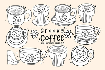 Obraz premium Group of Cute Groovy Retro Coffee in cup and mug Latte, Cappuccino Hot Drink Hand Drawn Coloring Image