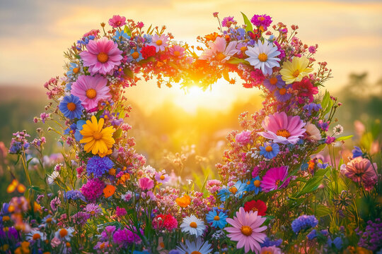 Ein Herz aus bunten Blumen auf einer bl&uuml;henden Wiese im warmen Sonnenlicht, Happy Valentins Day - sag es mit Blumen, Romantische Karte zum Valentinstag, Hochzeit, Einladung, Freundschaft, Verlobung