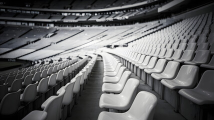 Empty stadium seats, a silent testament to the absence of fans, symbolizing the void left by the lack of human connection and shared experiences in the face of challenges.