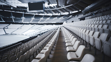 Fototapeta premium Empty stadium seats, a silent testament to the absence of fans, symbolizing the void left by the lack of human connection and shared experiences in the face of challenges.