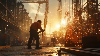 Obraz premium Welder working at sunset on a large construction site.