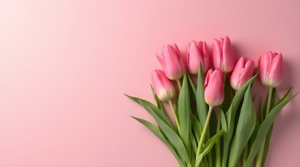 Pink tulips with green stems lie on a pink background, leaving ample copy space. International Women's Day