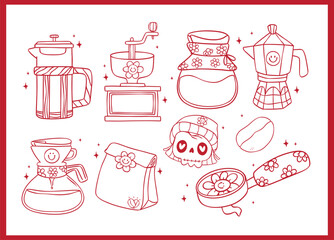 Group of Cute Groovy Retro Coffee Equipment Outline Doodle Hand Drawn, grinder, pour over, bean, bag, drip, espresso, press