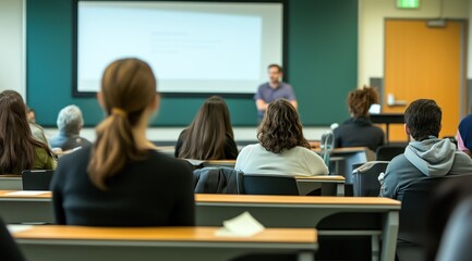 Une classe de formation commerciale avec des personnes assises à des bureaux, vue de dos, écoutant le formateur.