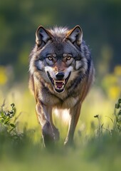 Obraz premium Un loup en colère, agressif, montrant ses dents, marchant dans la nature sauvage.