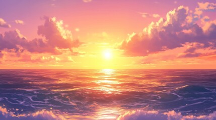 Obraz premium Vibrant sunset over calm ocean with colorful clouds.