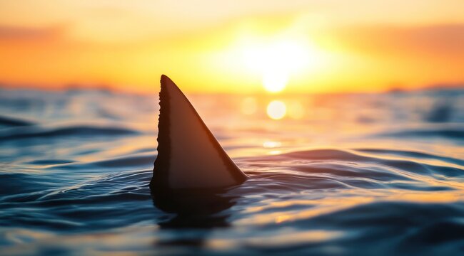 Un aileron de requin émergeant de l'océan au coucher du soleil, symbolisant le danger et la peur dans la nature, arrière-plan flou.