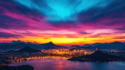 Fototapeta premium Breathtaking Sunset Over Cityscape and Mountains with Colorful Sky
