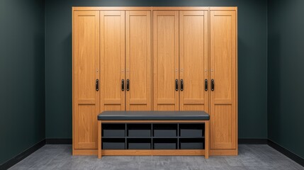 Modern wooden storage cabinets with bench in contemporary room