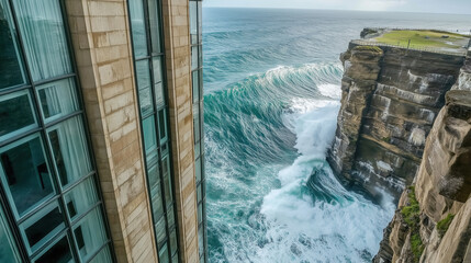 Dramatic ocean waves crashing against coastal cliff near modern building