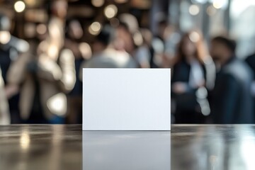 Blank card placed on table with blurred crowd in background, cre