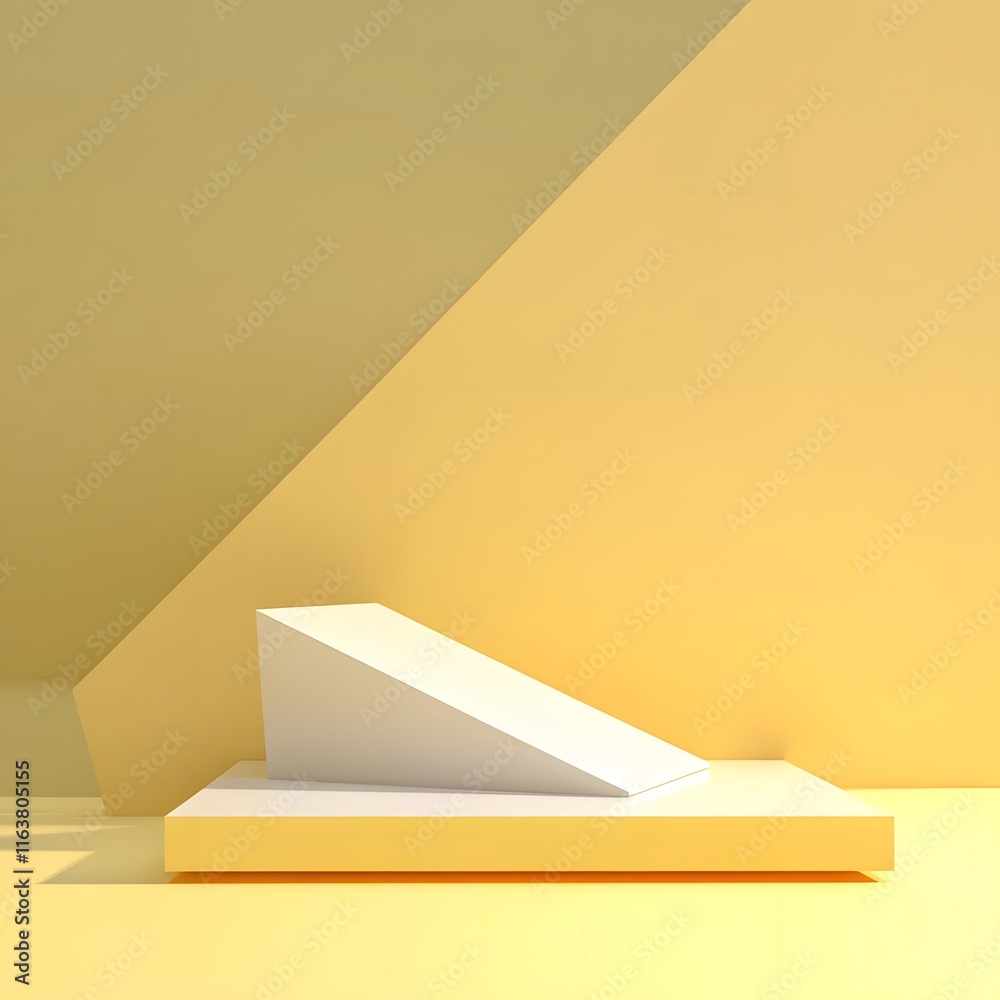 Wall mural a geometric podium with sharp angles, featuring an empty display area, set against a soft yellow bac