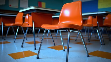 Orange chairs and desks in a retro classroom.