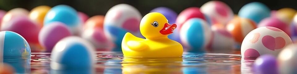Toy rubber duck with a bright yellow color floating on water surrounded by colorful beach balls