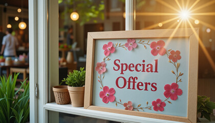Special offers sign with flowers in a cozy cafe setting