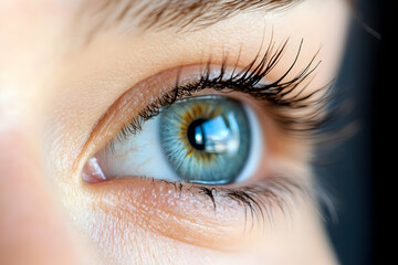 Obraz premium Close-up of a beautiful blue eye with long lashes.