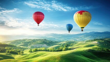 Naklejka premium Hot Air Balloons Soaring Over Lush Green Hills and Mountains