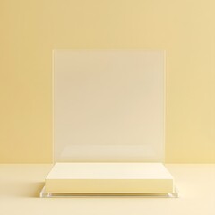 A transparent acrylic podium with clean edges, featuring an empty display space, set against a soft pastel yellow background.