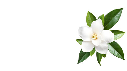 Obraz premium close up of single gardenia bloom with pristine white petals and lush green leaves, evoking sense of tranquility and beauty