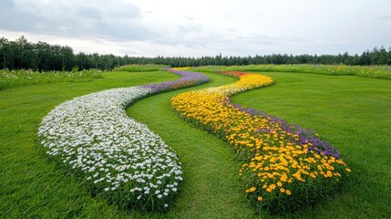 Obraz premium Colorful Flower Path in Lush Green Landscape