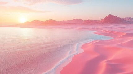 Pink desert meets serene ocean at sunset.