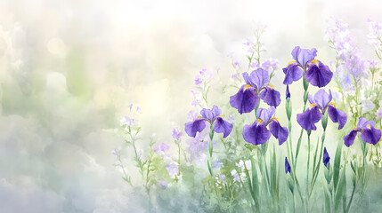Artistic watercolor illustration of irises in serene garden setting
