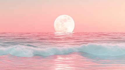 Pink sunset, full moon over ocean waves.