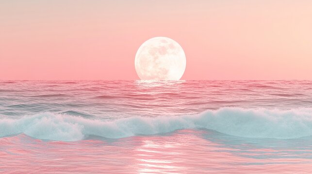 Pink sunset, full moon over ocean waves.