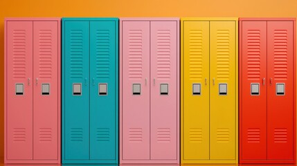 Fototapeta premium Colorful Lockers in a Bright Room with Orange Wall Background
