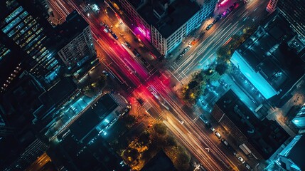 Fototapeta premium Aerial view of vibrant city streets at night, illuminated by colorful light trails from moving vehicles.
