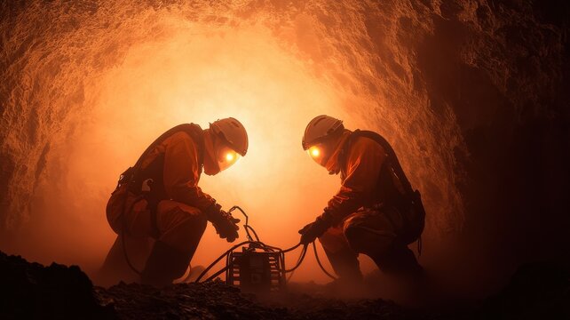 Scientific exploration of dangerous caves  theme, Dramatic scene of rescuers setting up equipment for emergency response.