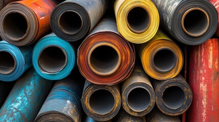 Steel sheet roll, stainless construction tape coil isolated on white background. Metallurgy industry production. Vector realistic set of metal, aluminium or tin sheet roll in front, top and angle view