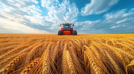 Obraz premium Red tractor in golden wheat field under a vibrant sky.