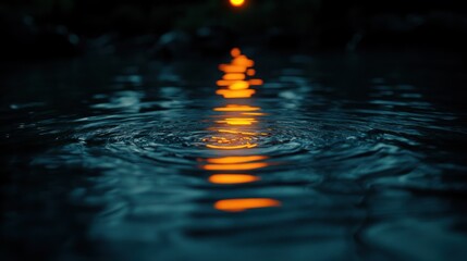 Ripples on dark water with orange lights.