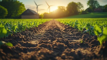 Rural landscape with sunlit farm field.