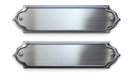 Steel tag plate with borders and screws. Realistic vector set of metal nameplates or boards with empty space for sign. Silver plaque or stainless frame mockup. Blank shape with chrome texture surface.