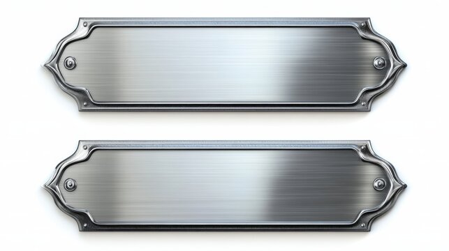 Steel tag plate with borders and screws. Realistic vector set of metal nameplates or boards with empty space for sign. Silver plaque or stainless frame mockup. Blank shape with chrome texture surface.