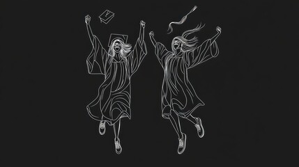 Two joyous female graduates celebrating graduation with raised arms and caps in the air.