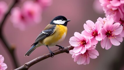 Fototapeta premium A bird sitting on the branch of a flower. Sakura blossom festival. Springtime wildlife and nature concept. Japanese nature background